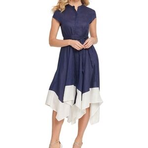 DKNY Women's Blue Contrast 100% Linen Fit Flare Dress